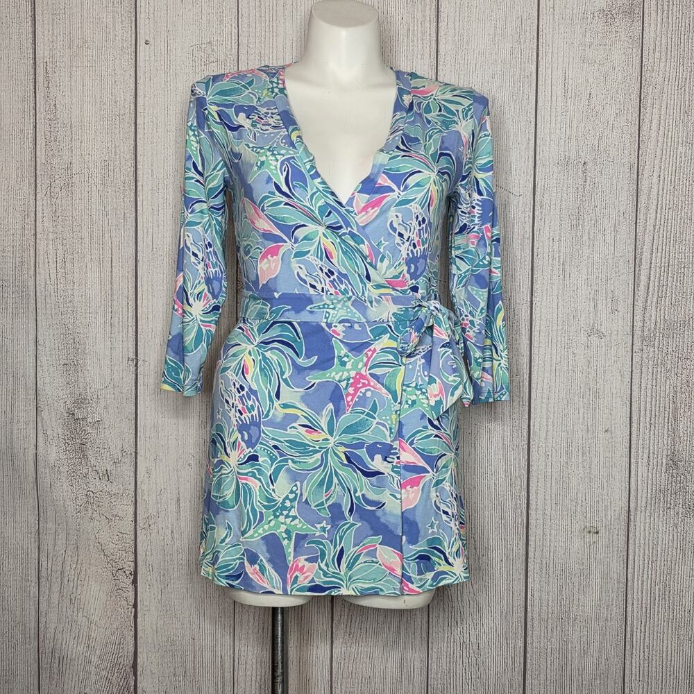 Lilly Pulitzer Karlie Wrap Romper Bennet Blue Celestial Seas, sz Large